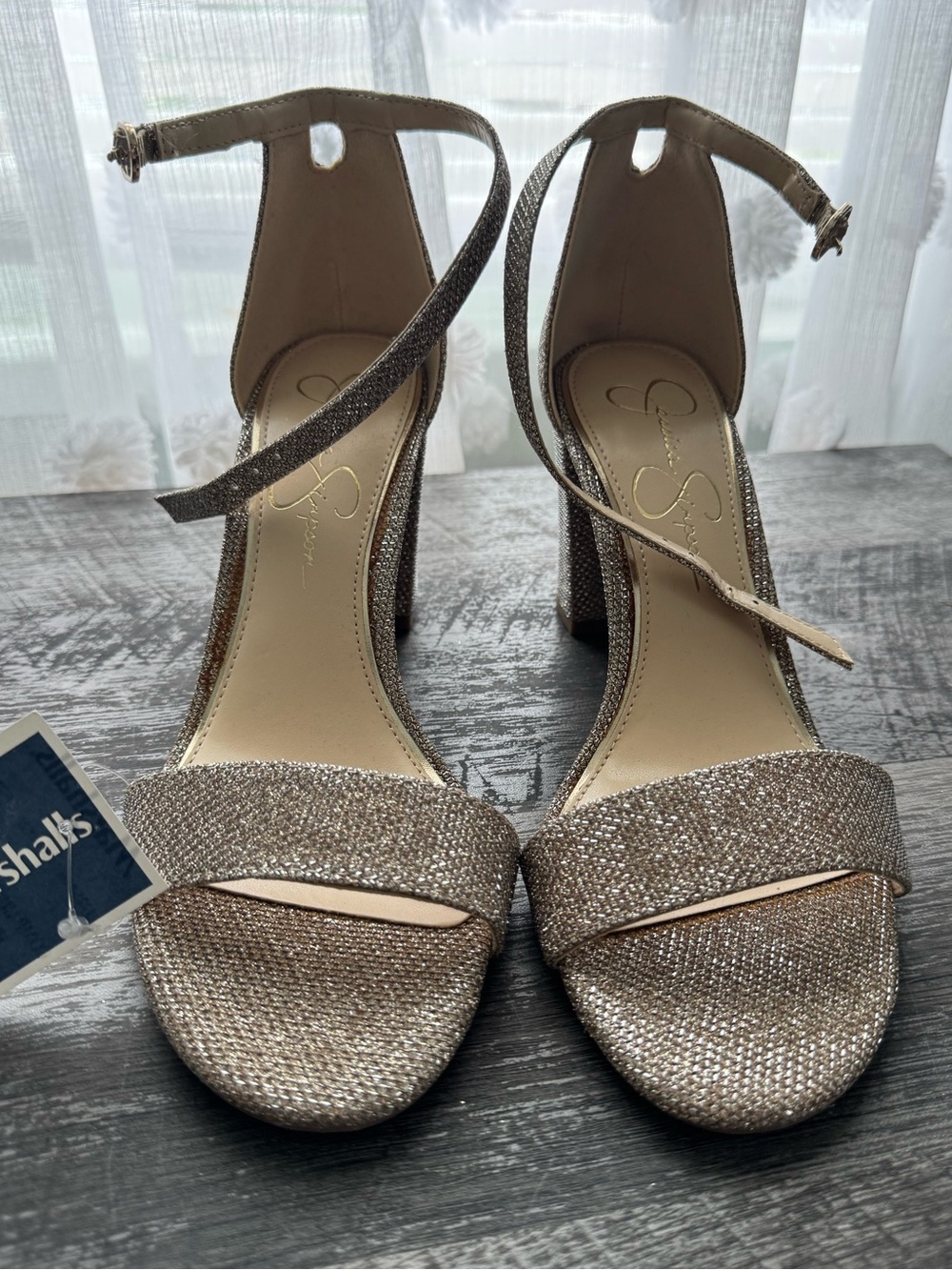 Jessica Simpson Glittery Gold Ankle-Strap Block Heels NWT